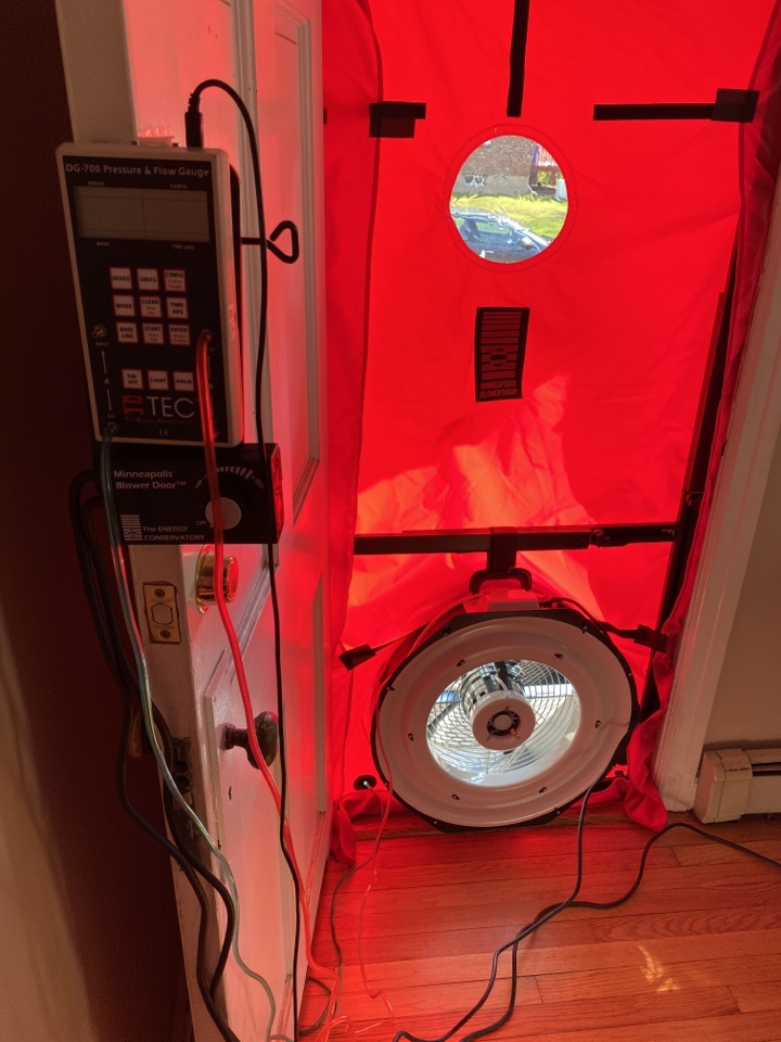 Dumont, NJ - Performing a blower door test as part of a siding insulation study with NJIT & BASF Dumont, NJ - Performing a blower door test as part of a siding insulation study with NJIT & BASF