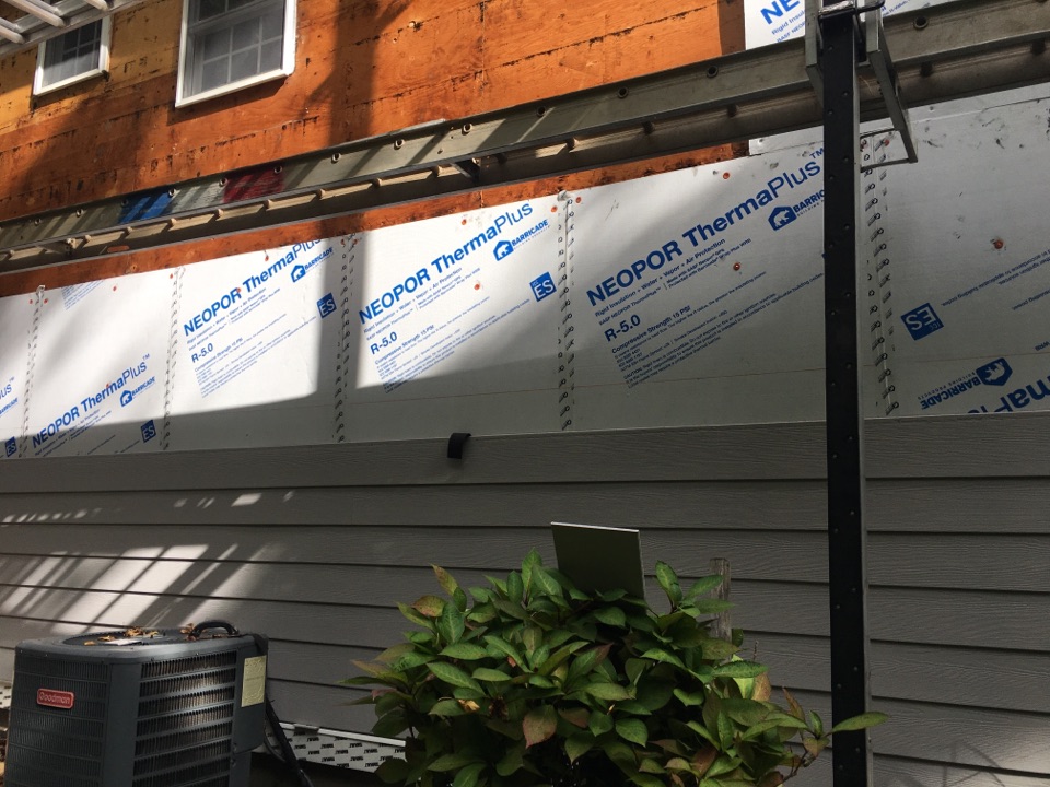 Berkeley Heights, NJ - James Hardie HardiPlank project underway in Berkeley Heights, NJ. We are using Pearl Gray CedarMill 8.25” boards with 7” exposure. This project is using 1” Neopor Thermaplus R-5 insulation as part of an NJIT, BASF & the Us Department of Energy study Berkeley Heights, NJ - James Hardie HardiPlank project underway in Berkeley Heights, NJ. We are using Pearl Gray CedarMill 8.25” boards with 7” exposure. This project is using 1” Neopor Thermaplus R-5 insulation as part of an NJIT, BASF & the Us Department of Energy study