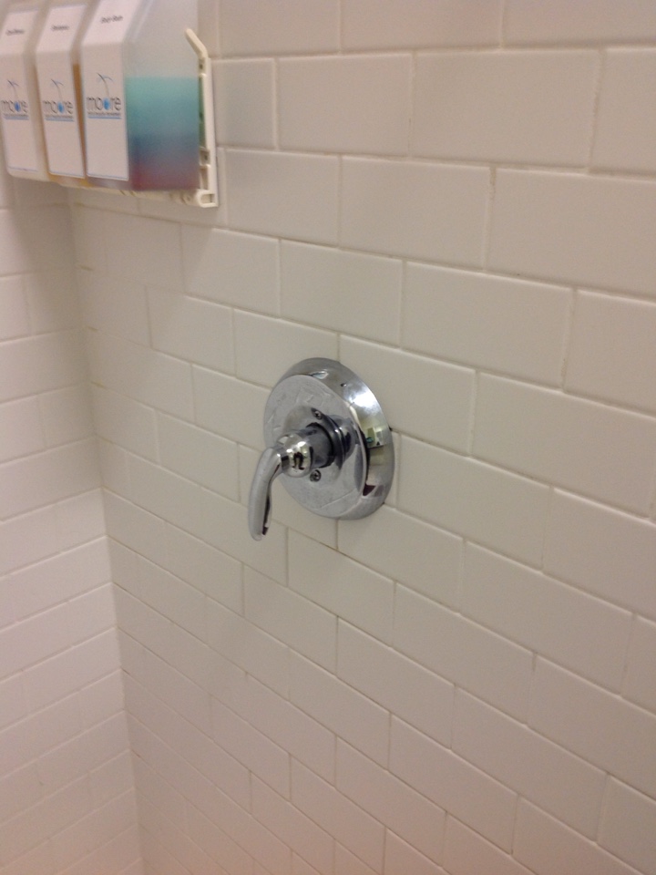 Repair shower valve. Men's restroom, left shower. 