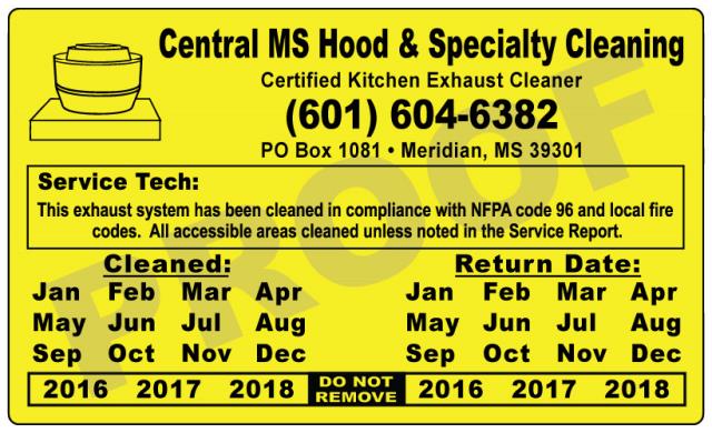 Completed the reorder of Hood Stickers for Central MS Hood & Specialty Cleaning