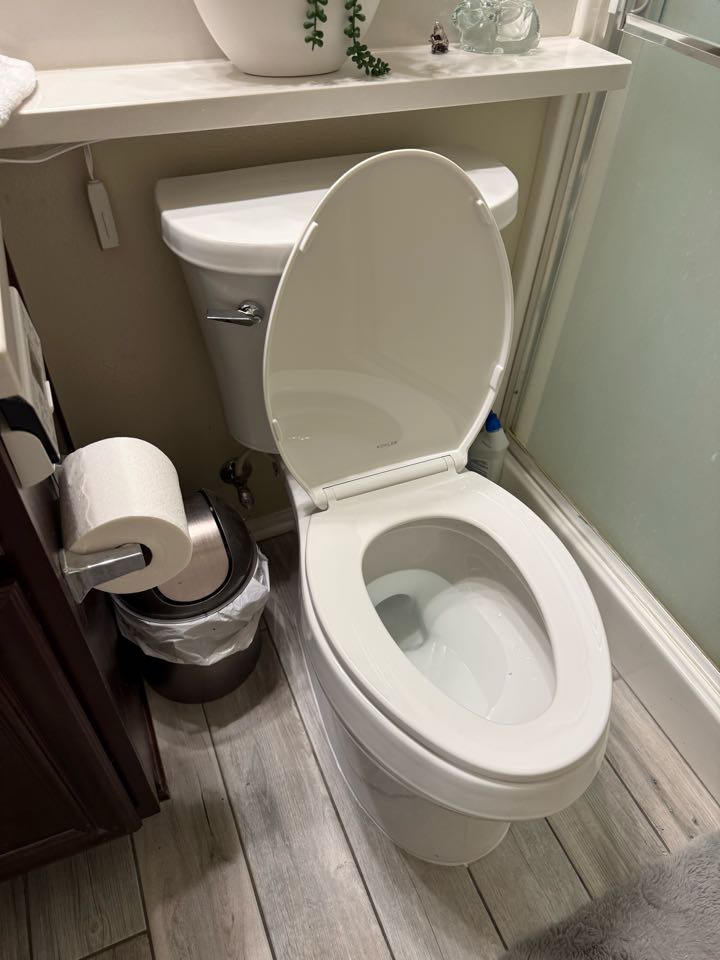 Toilet was ring leaking from upstairs. Customer chose to replace all 3 toilets in the home.  Pull and. Reset 3 toilets. 