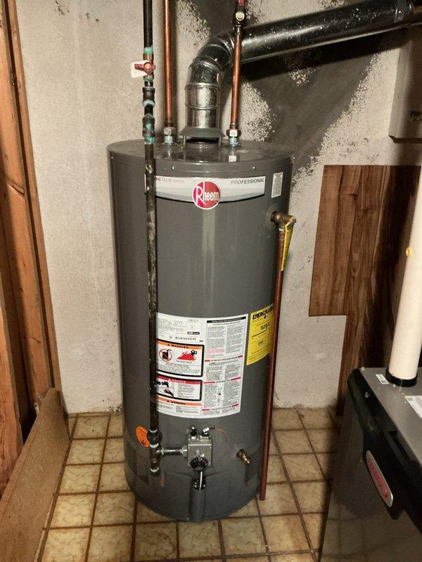Conducted gas pressure test on Rheem Classic Plus Professional water heater with gas supply confirmed off by Consumers Energy (confirmation #89586-306-6689). Visual inspection of the unit revealed proper installation of copper pipes, metal fixtures, and ventilation components. Air test completed successfully with no leaks detected in the gas line system.