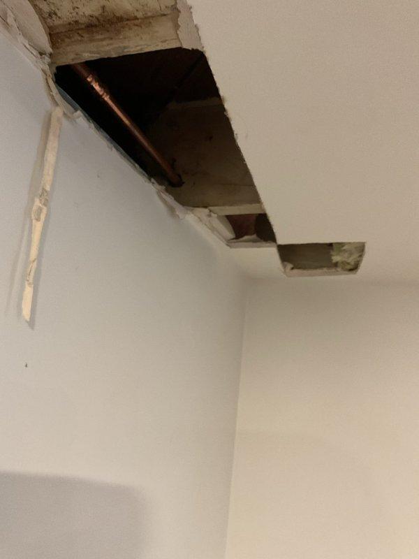 Accessed ceiling to diagnose plumbing issue, creating inspection openings to examine copper supply lines. Located and repaired leak in copper pipe within the ceiling cavity, restoring proper water flow and preventing further damage to ceiling drywall.