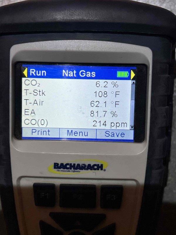 Responded to service call for furnace making loud noise in basement. Performed combustion analysis with Bacharach analyzer showing elevated CO(O) levels at 214 ppm and excess air at 81.7%. Conducted electrical diagnostics with multimeter to identify and resolve the issue causing the noise.