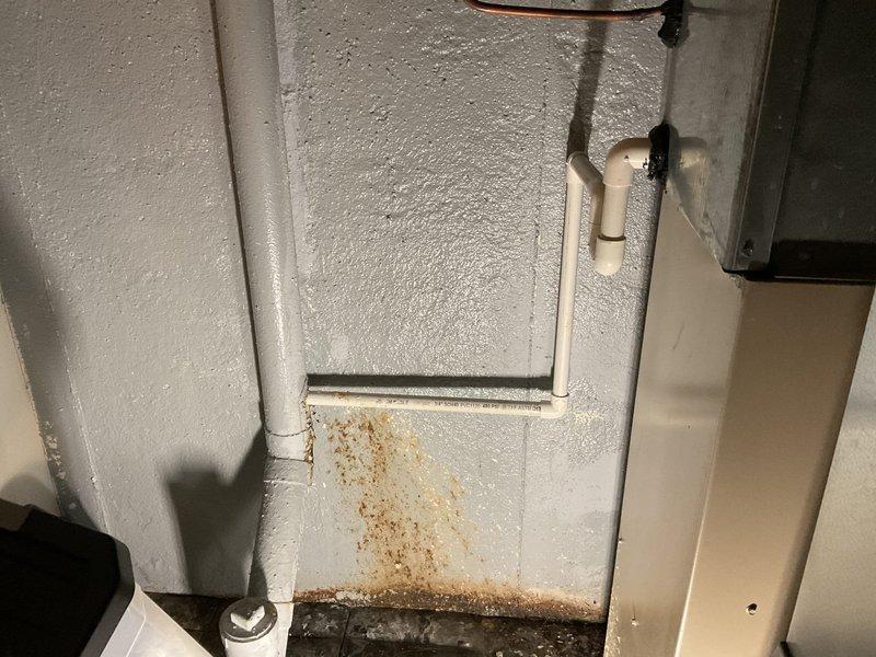 Repaired leaking pipe connection at furnace in basement, resolving significant rust and water damage evident on surrounding concrete wall. Replaced deteriorated pipe section and sealed junction to prevent further moisture issues in the utility area.