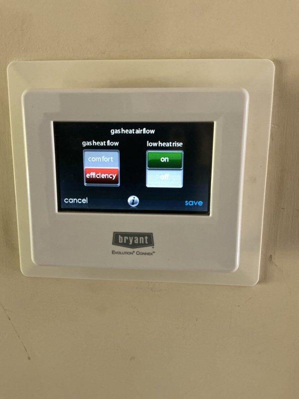 Diagnosed intermittent heat issue on 4th service call since January. Inspected burner assembly, observed proper blue flame pattern, and verified gas valve operation using multimeter. Adjusted airflow settings on Bryant Evolution Connex thermostat from "comfort" to "efficiency" mode and enabled "low heat rise" option to optimize system performance.