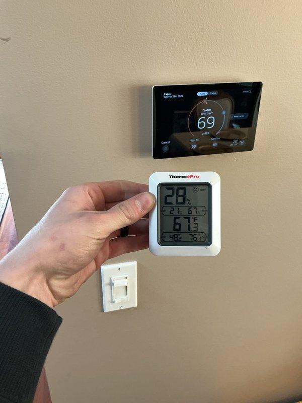 Responded to service call for S40 thermostat reporting inaccurate temperature readings. Verified discrepancy using calibrated thermometer probes, with readings showing 71°F at thermostat location versus 68°F elsewhere in room. Adjusted thermostat calibration to maximum setting to achieve more accurate temperature measurement. Recommended customer monitor comfort levels over 1-2 week trial period, with potential replacement scheduled for spring if issues persist.