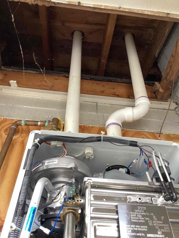 Inspected 3-year-old combi boiler system that failed due to freezing, causing unit explosion and operational failure. Performed diagnostic evaluation of the wall-mounted system including control electronics, expansion tank, and associated plumbing components. Documented damage to recommend appropriate replacement solution, noting additional plumbing repairs needed in crawlspace that should be addressed during system replacement.