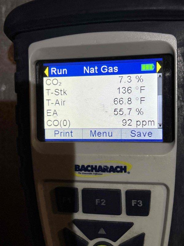 Performed diagnostic testing on 18-year-old furnace that was not operating properly. Combustion analysis with Bacharach analyzer revealed CO levels at 92 ppm (later measured at 57 ppm) with 88.6% efficiency and stack temperature of 136°F. Completed necessary repairs to restore safe and reliable heat operation.