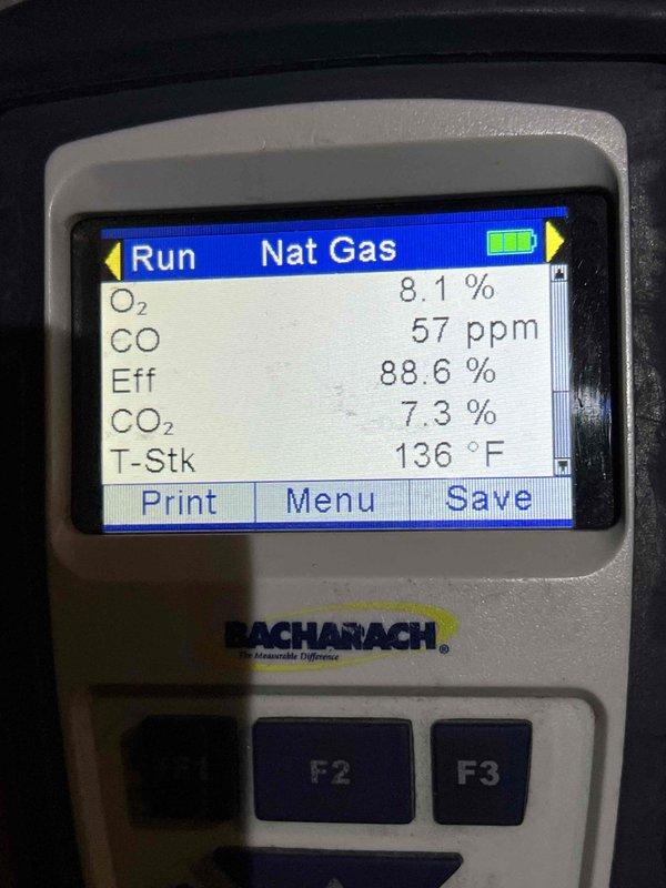 Performed diagnostic testing on 18-year-old furnace that was not operating properly. Combustion analysis with Bacharach analyzer revealed CO levels at 92 ppm (later measured at 57 ppm) with 88.6% efficiency and stack temperature of 136°F. Completed necessary repairs to restore safe and reliable heat operation.
