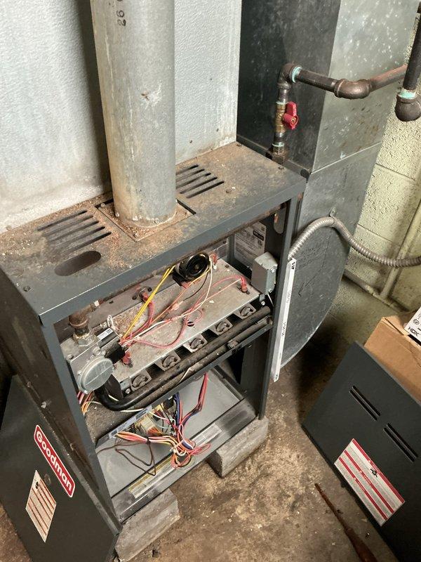 Responded to callback for a hot water tank installation from previous day where heating system stopped functioning. Inspected furnace and found thermostat wires had been disconnected during water heater installation. Reconnected appropriate wiring to control board, tested system operation, and confirmed proper heating function was restored. System is now operating normally.