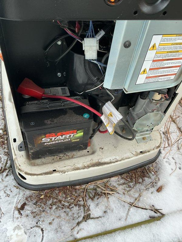 Performed scheduled maintenance on 16 KW Generac generator. Inspected battery connections and condition of SURE START PREMIUM battery, which showed proper terminal attachment. Checked all electrical components including wiring integrity and examined the Generac system components including filter and reservoir. Unit is operational with no immediate issues identified.