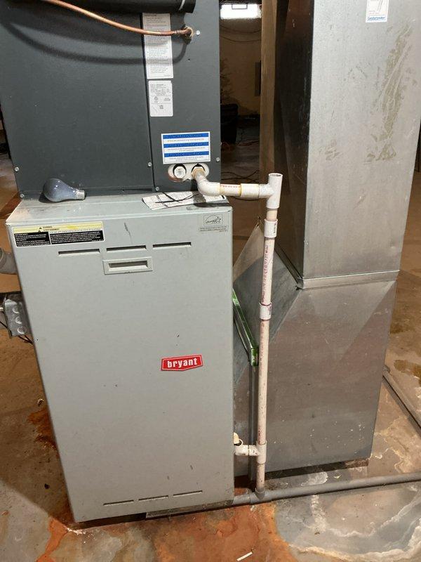 Completed diagnostic inspection of 10+ year old Bryant furnace located in basement with failed heat exchanger, which triggered safety alarms and caused system shutdown. Unit has been non-operational for over a month due to possible carbon monoxide leak. Provided replacement estimate for new furnace and humidifier, with additional assessment of electrical concerns including multiple burnt outlets that will require remediation.