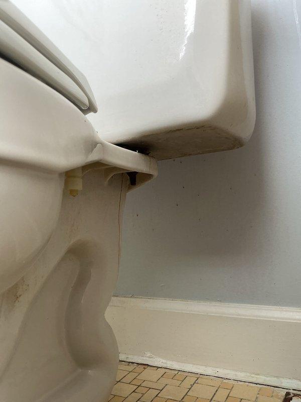 Responded to service call regarding water stains on living room ceiling. Diagnostic inspection revealed toilet tank leaking at the bowl connection, evidenced by visible brownish water stains and mineral deposits trailing from the tank-to-bowl seal. Recommended tank-to-bowl gasket replacement and complete toilet rebuild to resolve the leak causing ceiling damage.