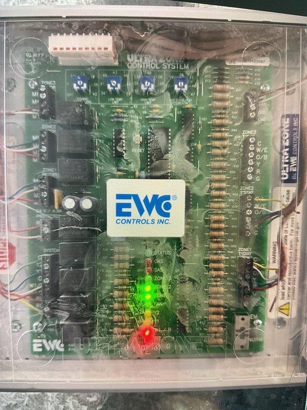 Diagnosed no heat issue in 2-year-old HVAC system located in finished basement control room. Inspection revealed dirty filter causing system shutdown and identified fault in EWC zone control board (indicated by illuminated red LED). Replaced filter, reset control board, and verified proper system operation with successful heating cycle. System now functioning normally with all zones responding appropriately.
