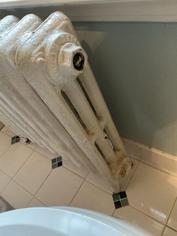 Performed inspection of recently installed vintage cast iron radiator in bathroom. Identified normal signs of aging including worn paint around valve connection point. System appears to be functioning properly with no immediate issues requiring intervention.