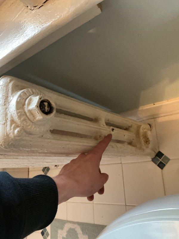 Performed inspection of recently installed vintage cast iron radiator in bathroom. Identified normal signs of aging including worn paint around valve connection point. System appears to be functioning properly with no immediate issues requiring intervention.