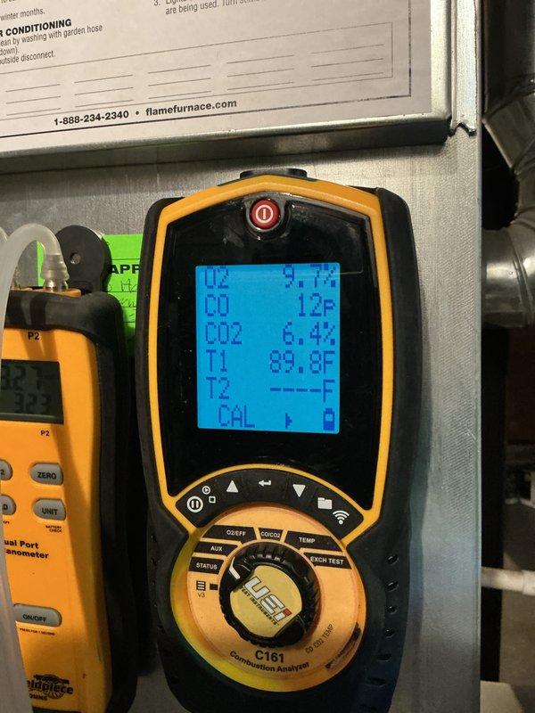 Performed Gold Furnace Inspection on a 9-year-old unit located in basement. Conducted comprehensive diagnostic testing using UEi C161 Combustion Analyzer, verifying proper combustion parameters (O2, CO 12p, CO2 6.4%, temperature 89.8°F). Inspected control module, wiring connections, and heat exchanger components; all systems functioning within normal operating parameters.