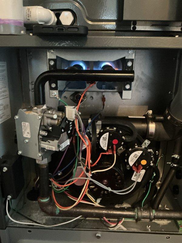 Performed Gold Furnace Inspection on two residential units - one located in basement and one upstairs, both under 10 years old. Inspection revealed both systems are operational with proper blue flame combustion and no visible issues with gas valves, pressure switches, or electrical components. Visual examination of blower motors and control boards showed normal operation.