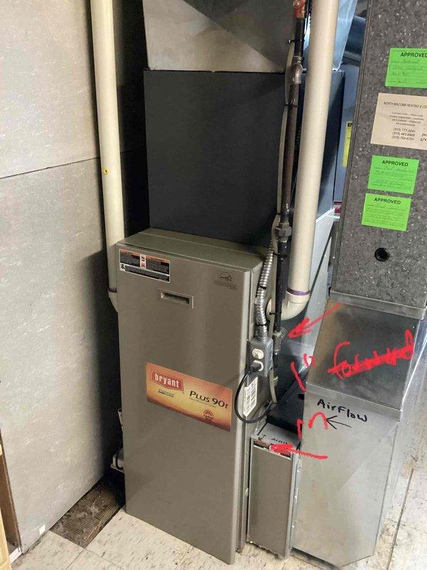 Diagnosed 2008 Bryant Plus 90i furnace with shattered inducer motor squirrel cage and heat exchanger rust; unit is currently operational but at risk of failure. Also identified leaking humidifier with signs of previous valve leakage. Provided comprehensive replacement estimate for both furnace and humidifier systems.