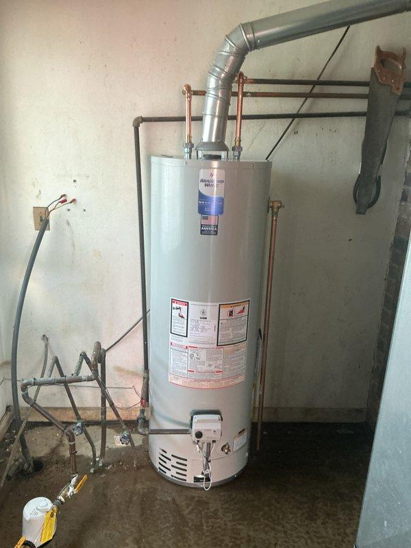 Successfully installed a new 40-gallon water heater to replace customer's existing 30-gallon unit. Completed all necessary plumbing connections including copper supply lines, proper venting, and drainage. System was tested and confirmed to be functioning correctly with no leaks observed.