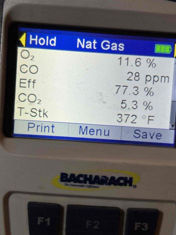 Diagnosed 35-year-old gas furnace with no heat issue using digital multimeter and Bacharach combustion analyzer. Testing revealed reduced combustion efficiency (77.3%) with elevated CO levels (28 ppm) and high stack temperature (372°F). Determined system requires replacement due to age and inefficient operation posing potential safety concerns.