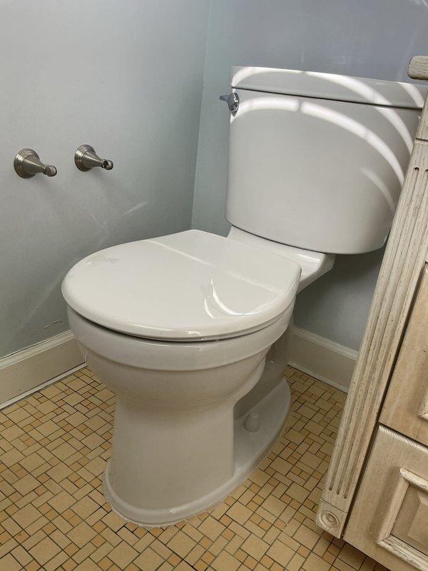 Removed existing toilet and deteriorated wax ring, cleaned toilet flange area, and installed new white porcelain toilet in bathroom with proper sealing and connection to existing plumbing. Verified proper function and secure mounting to tiled floor before completing installation.