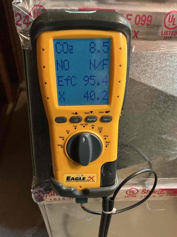 Performed annual tune-up on 1-year-old HVAC system located in basement. Conducted combustion analysis with Eagle 2X analyzer, confirming 95.4% efficiency with proper CO2 levels at 8.5%. Inspected and verified proper operation of humidifier, thermostat, and hot water tank as part of comprehensive maintenance service.