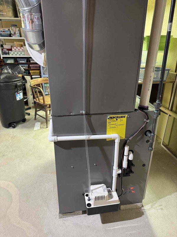 Replaced blackened condensate drain tube on 2-year-old furnace in basement. Unit is under both parts and labor warranty. Verified proper drainage and system operation after installation.