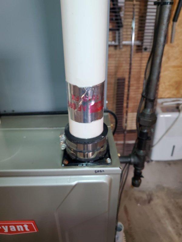 Responded to service call for Bryant furnace (2021 model) leaking water. Performed diagnostic inspection on the unit, which included checking the PVC ventilation system and drain pipe connections. Adjusted thermostat settings from 70° to 68° and confirmed proper system operation after repair.