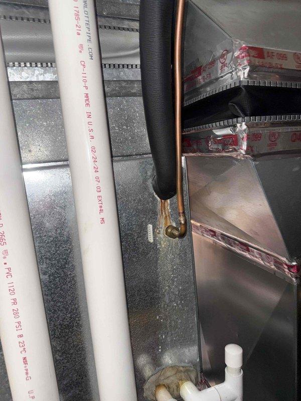 Responded to warranty service call for a newly installed Lennox furnace with reported leak. Upon inspection, identified leak in the condensate drain assembly at the P-trap connection. Replaced defective P-trap fitting and verified proper drainage function. All repairs completed under manufacturer warranty with no issues during final testing.