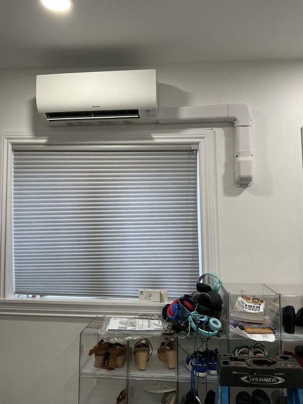 Successfully completed a two-day mini-split installation, including mounting the indoor air handler unit on the wall with proper PVC line set connections. Installed and configured the wall-mounted remote control/thermostat for system operation. System was fully tested and is functioning as designed.