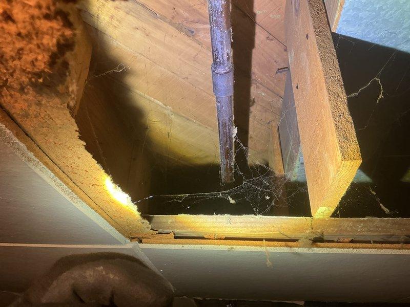 Responded to a callback regarding suspected gas leak at dryer. Inspection confirmed leak in gas line previously serviced, which had already been shut off by DTE. Visual inspection of pipe connections in structural space revealed aging connections with visible cobwebs around pipe joints, particularly at a turquoise connector where the gas line runs through wooden framing.