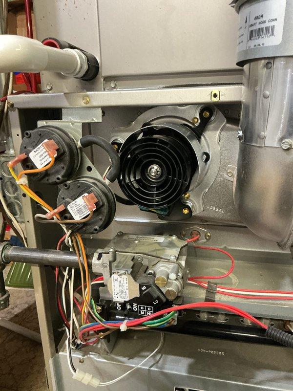Completed inducer motor replacement on furnace unit per PO: 1294579-001. Removed failed inducer assembly and installed new compatible motor, ensuring proper electrical connections to control board and pressure switches. System tested and verified for proper operation after repair.