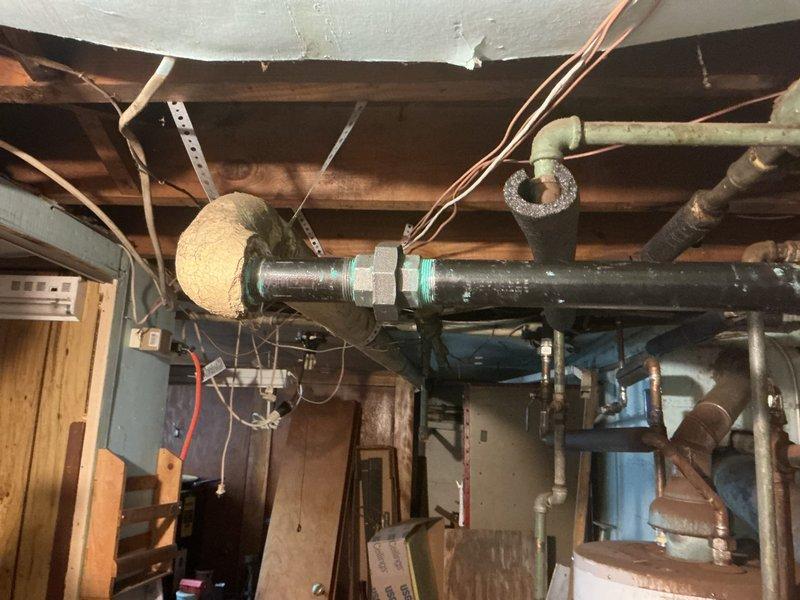 Completed repair work on boiler piping system, which included replacing damaged pipe sections and installing new insulation on connection points. Serviced multiple pipe junctions in the basement mechanical area and verified proper operation of the heating system after repairs were completed.