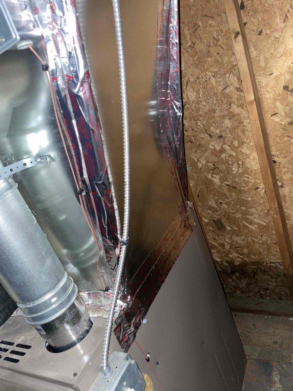 Conducted comprehensive assessment for HVAC replacement quote (CQ 07506-01) involving non-operational AC unit with natural gas furnace. Documented current installation conditions including existing air handler/furnace with cylindrical duct connections and flexible metal conduit. Photographed exposed electrical infrastructure with multiple conduits and wiring to facilitate proper system design and installation planning.