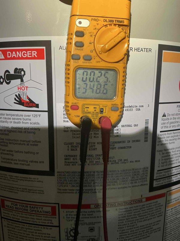 Diagnosed and serviced Bradford water heater experiencing recurring "temperature cut-out limit reached" fault (four red flashes). Performed electrical testing with multimeter, inspected burner assembly and flame pattern, and verified proper ignition component function. Reset system after confirming normal operation parameters and proper combustion.