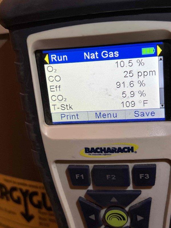 Performed Gold Furnace Inspection on a 23-year-old unit that was operational. Conducted combustion analysis using Bacharach analyzer, which showed O2 at 10.5%, CO at 25ppm, efficiency at 91.6%, CO2 at 5.9%, and stack temperature at 109°F. Inspected control board circuitry for proper functionality.