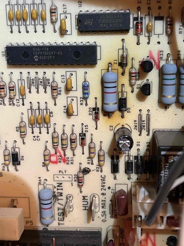 Performed Gold Furnace Inspection on a 23-year-old unit that was operational. Conducted combustion analysis using Bacharach analyzer, which showed O2 at 10.5%, CO at 25ppm, efficiency at 91.6%, CO2 at 5.9%, and stack temperature at 109°F. Inspected control board circuitry for proper functionality.