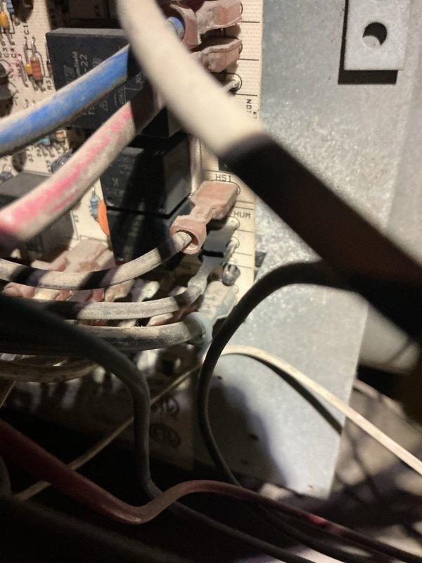 Diagnosed 15-year-old furnace with no heat call; inspection revealed corroded control board terminals with deteriorating wire connections at multiple connection points. Performed terminal cleaning, secured loose connections, and restored system operation after confirming thermostat functionality.