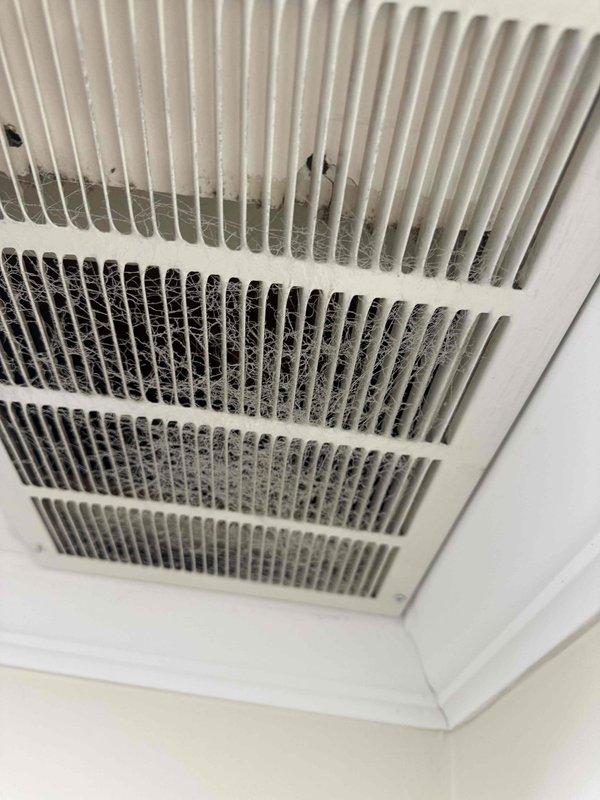 Responded to service call for furnace producing increasingly loud humming noise suspected to be blower-related. Inspection revealed significant dust accumulation in return air grille restricting proper airflow to the one-year-old basement furnace. Cleaned return vent to restore normal airflow and eliminate noise issue; system now operating within normal parameters. Equipment remains under both parts and labor warranty.