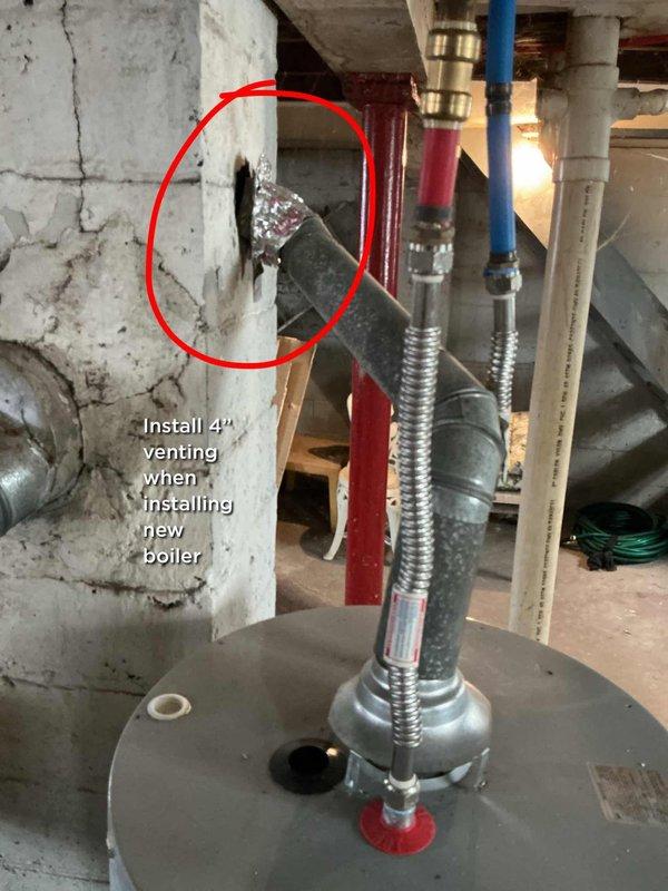 Performed inspection of 35+ year old non-functioning steam boiler with natural gas fuel source. Identified need for complete replacement of existing blue boiler unit showing significant wear and accumulation of dirt at base. Noted requirement for 4" venting installation with new boiler system to address current ventilation issues visible in concrete wall.