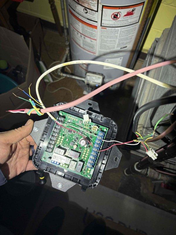 Returned to address no heat issue identified in previous service call. Diagnosed damaged and incorrectly wired RDS (Remote Data Sensor) device that had been recently installed. Documented condition with photos of circuit board and control panel wiring issues. Parts department has been notified to order replacement device; customer will be contacted regarding scheduling and pricing for follow-up repair.