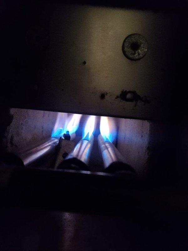 Completed Gold Boiler Inspection on 1-year-old hot water boiler system and furnace in basement. Visual inspection revealed proper flame pattern with characteristic blue flames in the furnace burners. Water heater appears properly installed with appropriate venting and copper supply lines connected to the system.