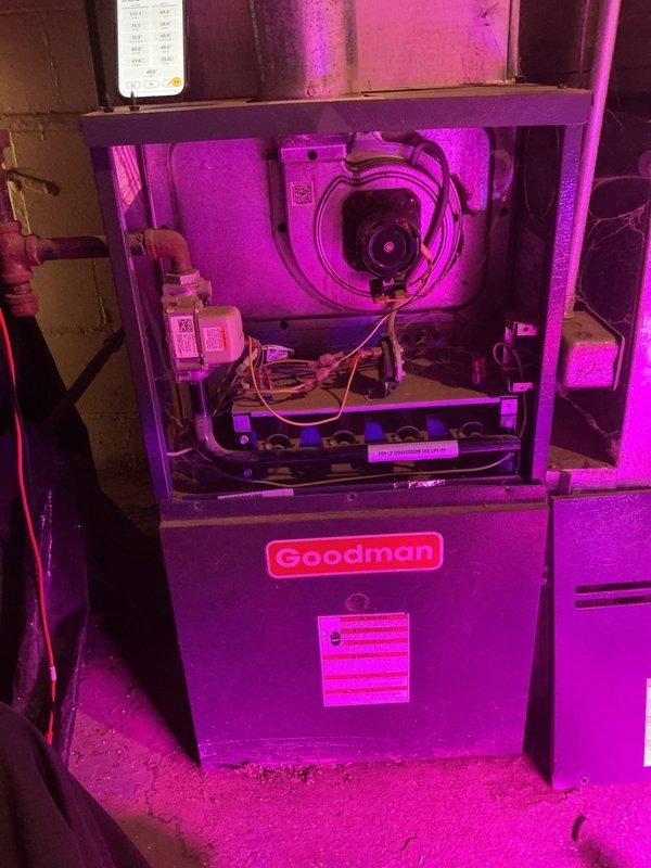 Responded to no heat call for 10+ year old Goodman furnace located in basement. Upon inspection, performed diagnostic testing and discovered dirty air filter causing restricted airflow. Replaced filter, tested system operation through complete heating cycle, and verified proper temperature output at registers.