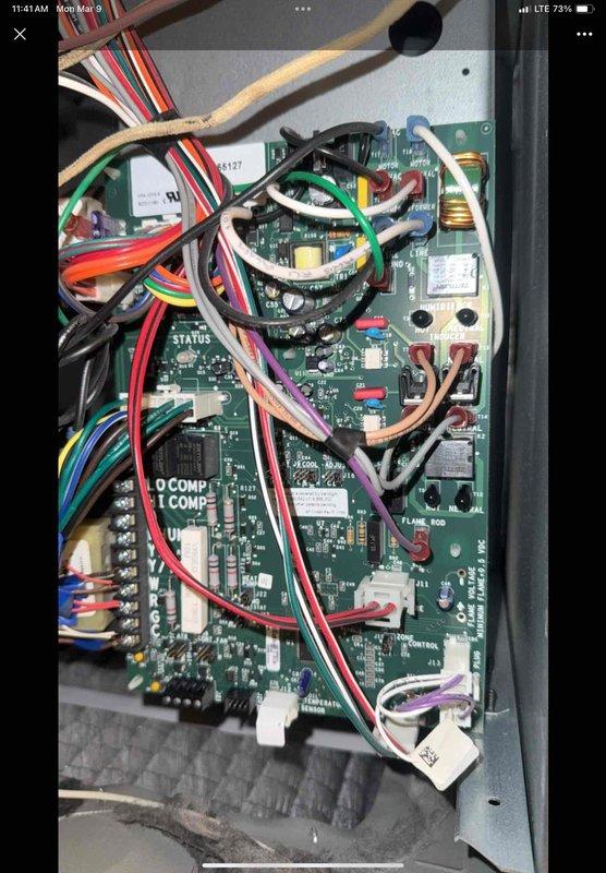 Diagnosed inoperative furnace installed in 2022 with no heat output due to failed control board. Inspected internal wiring connections and circuit board components, confirming board failure as cause of non-functioning blower. Control board replacement part secured under PO: 1295948-001 from Dakota Supply Sterling Heights for warranty replacement.