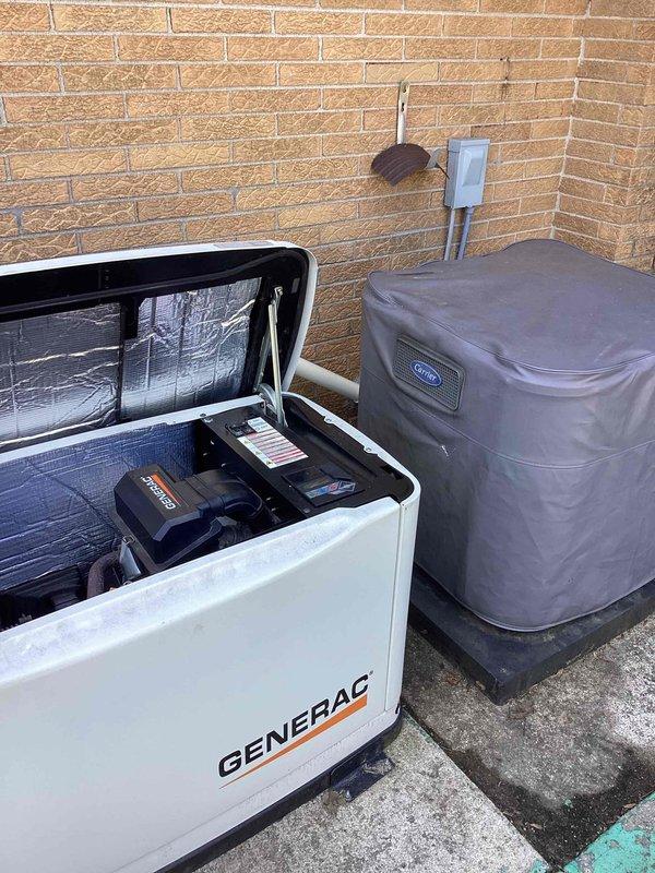 Performed site inspection of a 16kW Generac generator experiencing low RPM error codes despite customer's recent battery replacement. Conducted diagnostic assessment of the generator's motor and control systems to determine repair feasibility. Provided estimate for complete generator replacement versus motor repair options based on inspection findings and equipment age (unit appears to have been installed in 2017).