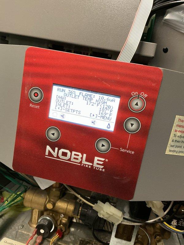 Diagnosed 7-year-old Noble Fire Tube combi unit experiencing no hot water output. Identified issues with the condensate neutralizer requiring replacement. Placed order for condensate neutralizer kit and water sensor at Hydronic Supply under PO: 1277086-001 with expected delivery in 7-10 business days.