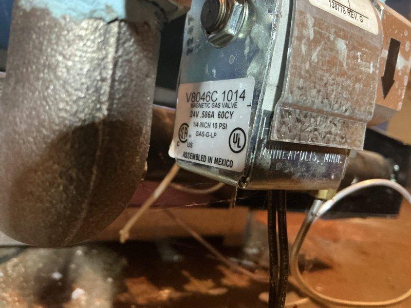 Diagnosed and replaced faulty V8046C 1014 magnetic gas valve on 2-year-old furnace that was preventing unit from starting. Confirmed proper gas flow after installation and verified system operation through complete heating cycle.