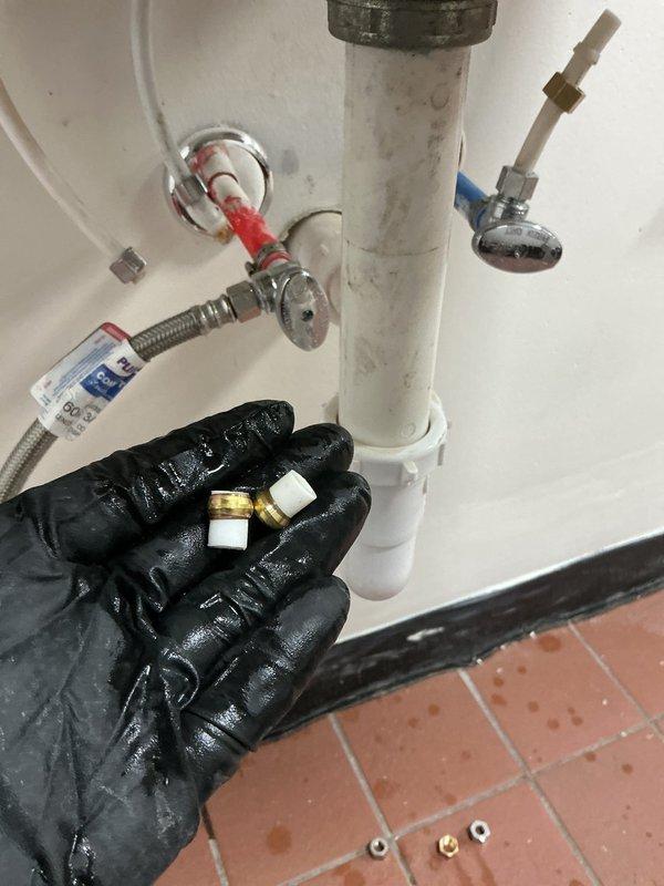 Diagnosed fluctuating water temperature issue on two commercial tankless water heaters. Inspected plumbing connections and drain assembly, identifying faulty flow sensor as the cause of temperature inconsistency. Replaced defective components and verified proper operation of both units, ensuring stable water temperature delivery to the three-compartment sink system.